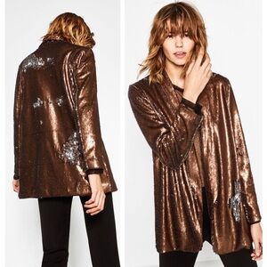 Zara Bronze Silver Flip Sequins Metallic Open Front Relaxed Fit Jacket size M